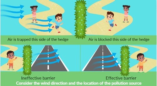 Consider the wind direction and the location of the pollution source. Graphic shows effective barriers downwind of the source of pollution.