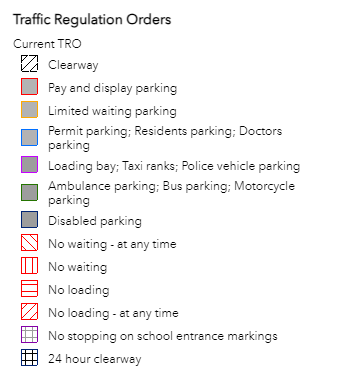 A screenshot of the legend for the Traffic Regulation Orders map. This shows the different colours and shading patterns used on the map to show different types of TRO.