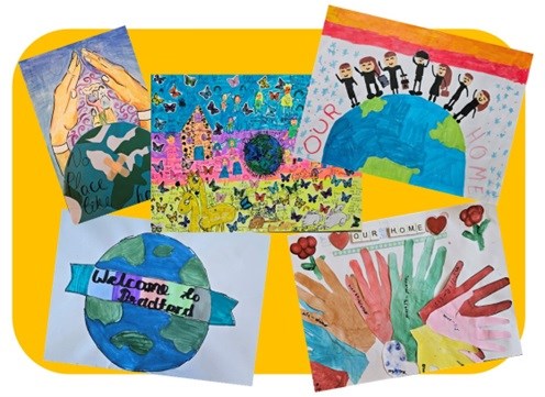 A selection of posters from the Bradford Schools of Sanctuary exhibit on the theme of Home.