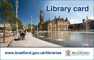 A Bradford Libraries membership card. It has a photo of Bradford City Park and the Council logo, the words 'Library card', and the URL for the Libraries website.