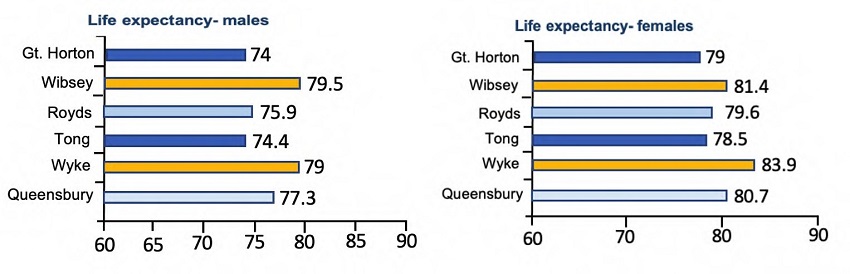 Charts showing life expectancy for males and females in Bradford South wards.
