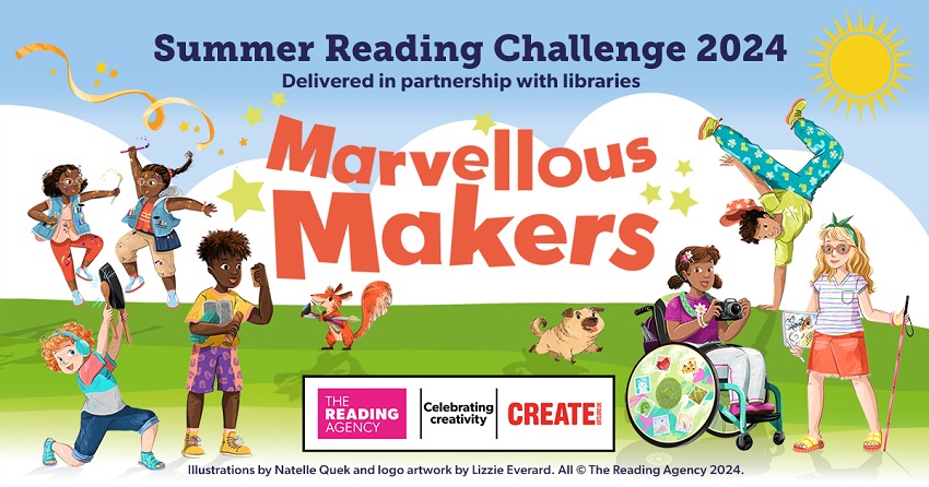 Marvellous Makers. Summer Reading Challenge 2024. Delivered in partnership with libraries. The Reading Agency. Celebrating creativity. Illustrations by Natelle Quek and logo artwork by Lizzie Everard.