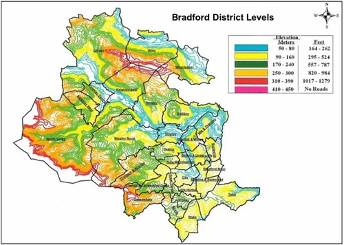 A map of Bradford District showing the elevations.