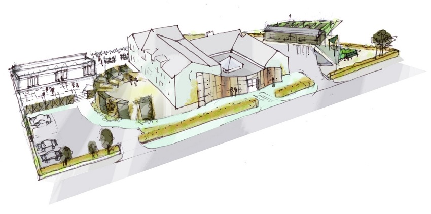 Architect’s impression, from RBS Architects, Saltaire: an architect's pen drawing showing what the development will look like, with circular outdoor space and a curved, swooping entrance to the building.