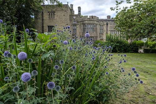 Bolling Hall in the background with lawns and flowers in the foreground.