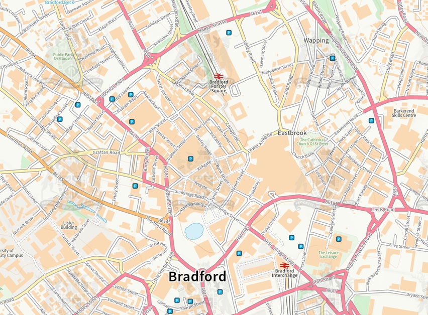 Map showing the car parks in Bradford.
