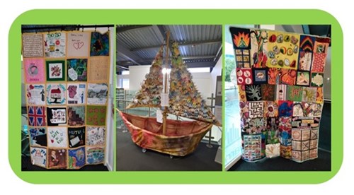 Photos of artwork displayed at City Library as part of InterCultured Festvial 2023. These include colourful textile hangings and a boat with sails made with images of human hands.