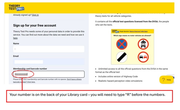 Screen shot of Theory Test Pro showing login detail with note explaining you need to type an 'R' before inputting your Library card number when you sign up to the website.