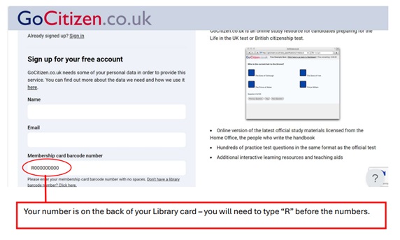 Screen shot of GoCitizen showing login detail with note explaining you need to type an 'R' before inputting your Library card number when you sign up to the website.